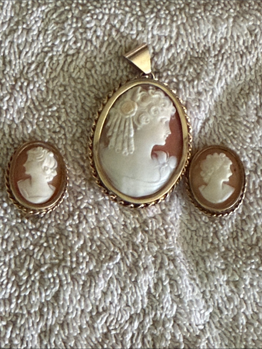 Vintage Cameo Pendant and Earrings Set in Cream and Brown